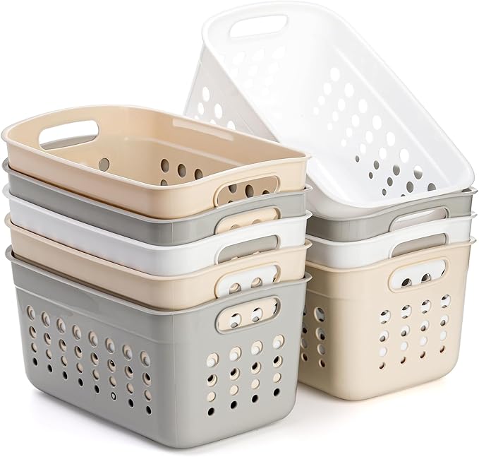 DEAYOU 9 Pack Plastic Storage Basket, Small Pantry Organizer Basket Bins, Rectangular Storage Tray Baskets Container with Handle for Shelf, Household, Desktop (Beige, White, Gray)
