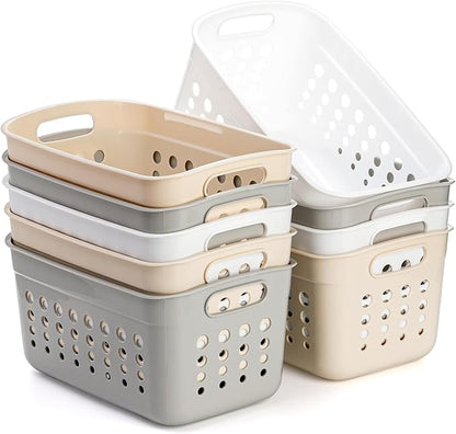 DEAYOU 9 Pack Plastic Storage Basket, Small Pantry Organizer Basket Bins, Rectangular Storage Tray Baskets Container with Handle for Shelf, Household, Desktop (Beige, White, Gray)