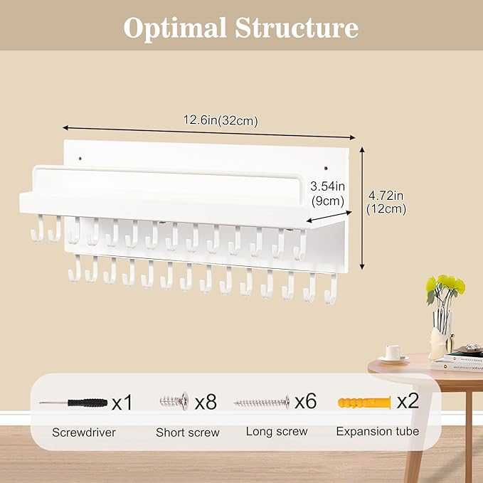 Lolalet Necklace Holder Hanging Necklace Organizer Wall Mounted Jewelry Organizer with 28 Hooks and Perfume Shelf, Wood Necklace Hanger Rack for Bracelets -White