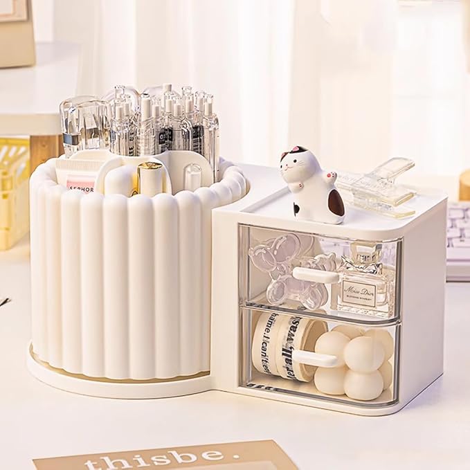 Makeup Organizer Countertop,360 Rotating Makeup Brush Holder with 2 Drawer Organizer, Small Preppy Kids Desk Organizer|9.25x5.11inch|White