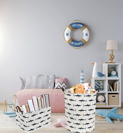 Rectangular Shark Basket,Kids Basket for Boys,Collapsible Toy Organizer Bin with Handles for Clothes Storage.(Sharks)