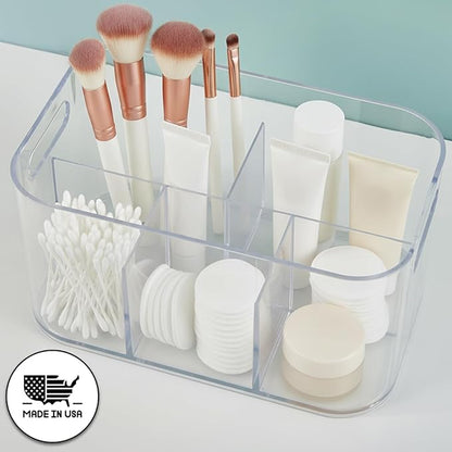 STORi Bliss 5-Compartment Plastic Cosmetics Storage Organizer | Clear | Rectangular Divided Makeup Bin & Vanity Caddy with Pass-Through Handles | Round Corner Design | Made in USA