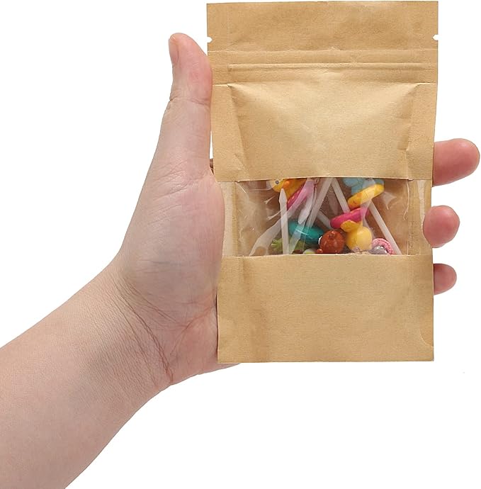 100pcs 3.5 x 5.5 inch Kraft Paper Treat Bags with Window Ziplock Stand Up Pouches for Food Storage Cookies Snacks Tea Packing