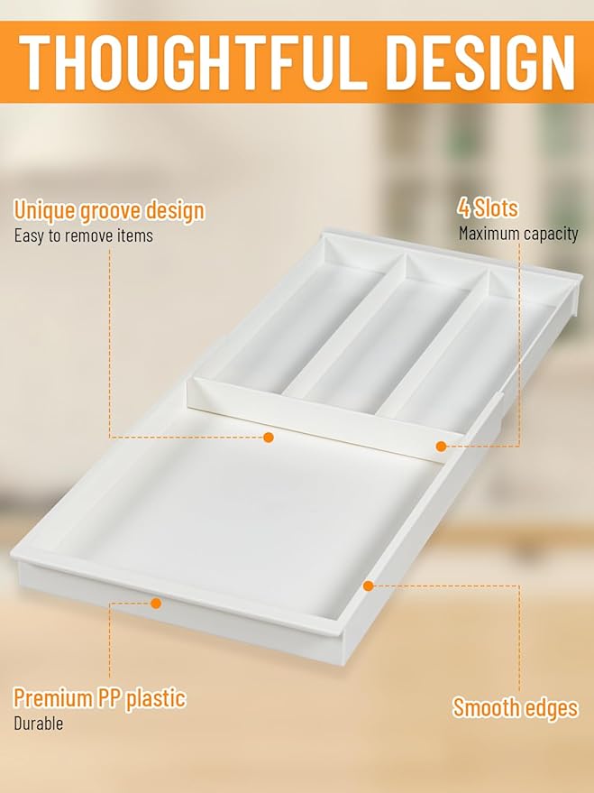 Silverware Drawer Organizer Tray, Adjustable Small Utensil Holder for Spoon and Fork, Expandable Flatware Cutlery Tray for Kitchen Drawers (Cream)