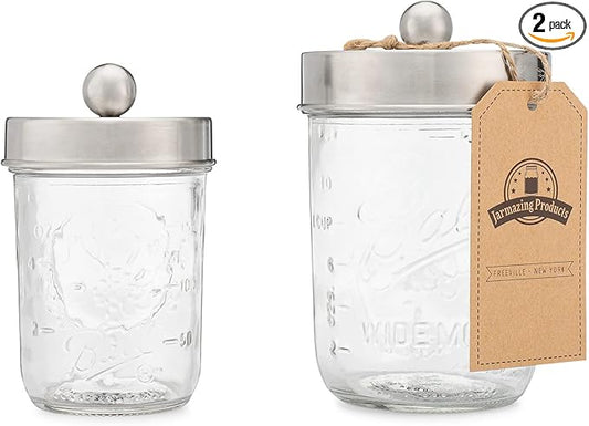 Jarmazing Products Apothecary Lid Storage Set with Ball Mason Jars - Farmhouse Home Decor for Vanity Organization - Luxury Bathroom, Kitchen and Office Accessories - Stainless Steel - Two Pack