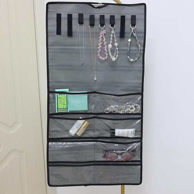 Double-Sided Hanging Jewelry Organizer with 48 Pockets and 8 Hooks – Versatile Accessories Holder for Earrings, Necklaces, Rings, Glasses