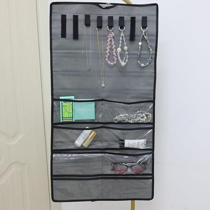 Double-Sided Hanging Jewelry Organizer with 48 Pockets and 8 Hooks – Versatile Accessories Holder for Earrings, Necklaces, Rings, Glasses