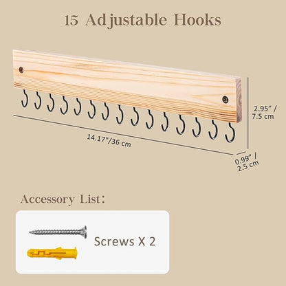 Lolalet Wooden Necklace Holder for Wall with 15 Hooks, Necklaces Hanger Easy Install Wall Mount Necklace Organizer, Jewelry Hangers for Chains, Bracelets, Earrings -Nature