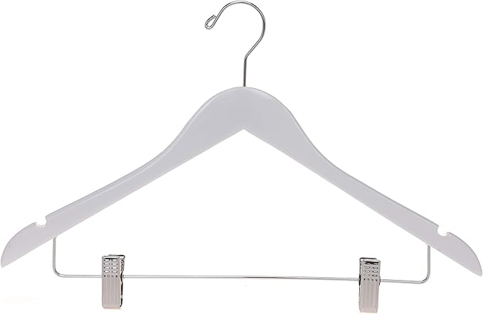 Quality Wooden Skirt Hangers with Clips, 10-Pack Smooth Solid Wood Pants Hangers with Durable Adjustable Metal Clips, Swivel Hook, Coat, Jacket, Blouse Suit Hangers (White, 10)