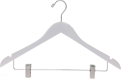Quality Wooden Skirt Hangers with Clips, 10-Pack Smooth Solid Wood Pants Hangers with Durable Adjustable Metal Clips, Swivel Hook, Coat, Jacket, Blouse Suit Hangers (White, 10)