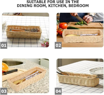 ULTECHNOVO Rattan Woven Cutlery Basket 2-Pack Utensil Organizer Spoon Fork Holder Kitchen Drawer Storage Tray 9.84X3.93X1.96 Inches Multipurpose Flatware Holder for Home