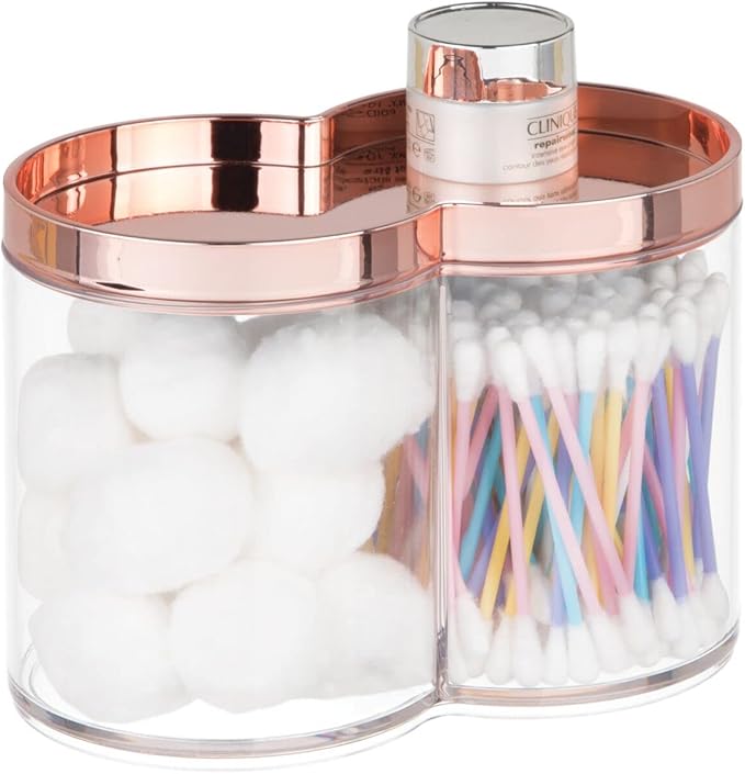 mDesign Plastic Canister Jar Organizer Set with Storage Lid - Home Decor Holder for Bathroom/Restroom Vanity Countertop, Cabinet - Holds Cotton Balls, Soap - Lumiere Collection - Clear/Rose Gold