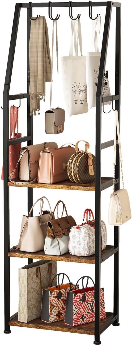3-Tier Purse Stand Handbag Organizer, Hall Tree for Entryway Steel Frame, with 8 Removable Hooks，Clothes Rack Stand Organizer(Rustic Brown)