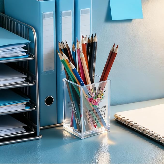 Be Pround of The Work You Do Acrylic Cosmetic Holder, Inspirational Makeup Brush Holder Gifts, Encouragement Gifts for Girls Women, Lipstick Storage for Bathroom Jewelry Accessories Holding
