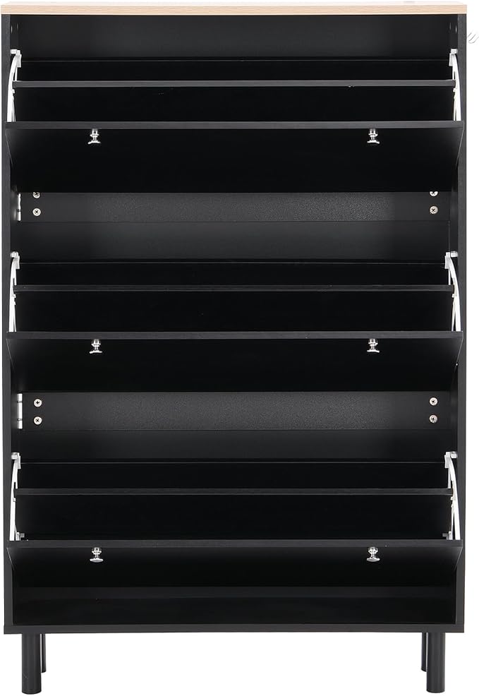 Contemporary Shoe Cabinet with 3 Flip Doors Free-Standing Wooden Shoe Rack Shoe Storage Organizer for Entryway Hallway Small Space (Black&Natural)