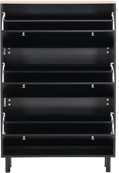 Contemporary Shoe Cabinet with 3 Flip Doors Free-Standing Wooden Shoe Rack Shoe Storage Organizer for Entryway Hallway Small Space (Black&Natural)
