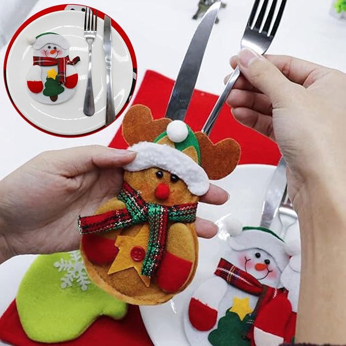 12Pcs Christmas Cutlery Bag Cute Snowman Silverware Tableware Holder Knife Fork Bag Pouch Decor for Christmas Party Dinner Table Decor