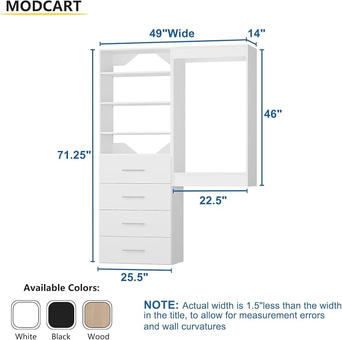 Modular Closet Organizer, 49" Wide with Tower & Drawers, Wood Tower Storage for Walk-In Closets, Wall-Mounted Wardrobe Organizer Kit, Bedroom, White