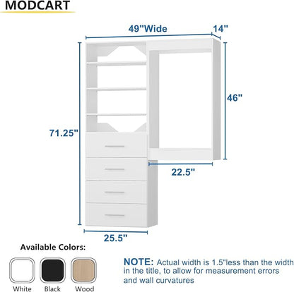 Modular Closet Organizer, 49" Wide with Tower & Drawers, Wood Tower Storage for Walk-In Closets, Wall-Mounted Wardrobe Organizer Kit, Bedroom, White