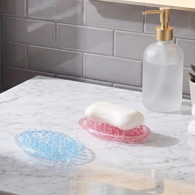 2 Pcs Plastic Soap Holder Soap Dish Bar Saver Tray with Holes Sponge Holder for Kitchen Bathroom Shower Counter, 4.5 x 3 x 0.7 Inches (Pink,Blue)