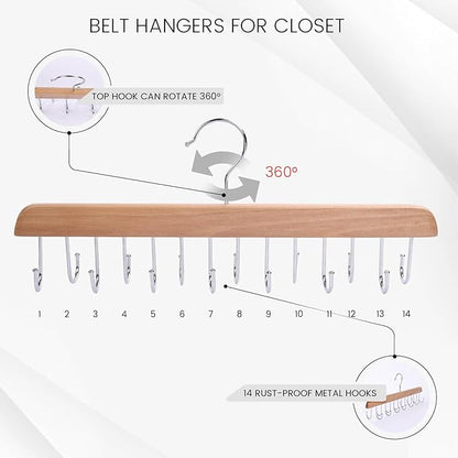 JOHOUSE Belt Organizer for Closet Max 42 Belts, Wooden Sports Bra Hanger Tie Rack with 14 Hooks for Men Women Tank Top, Scarf Closet Storage