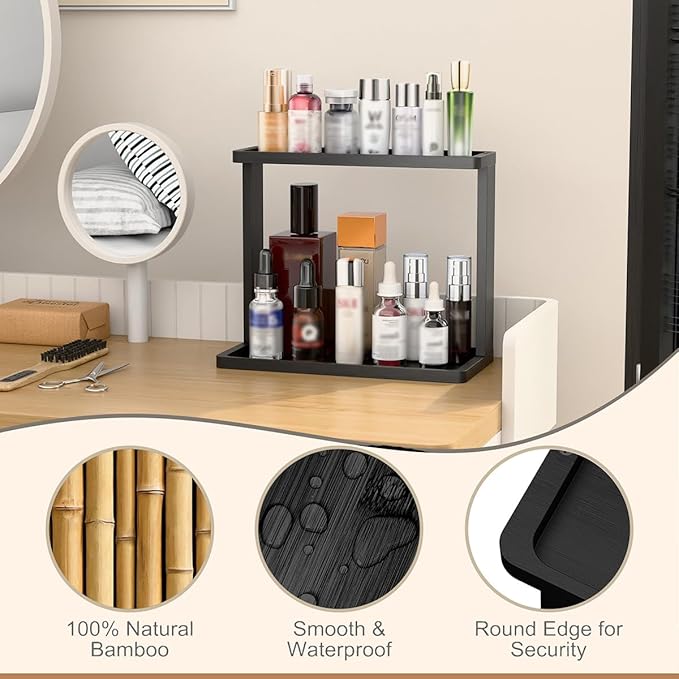 PEKER Bamboo Bathroom Organizer Countertop – Small Vanity Storage Shelf for Makeup, Perfume, Skincare – Natural Cosmetics Display Rack for Dresser, Sink, Kitchen –Black