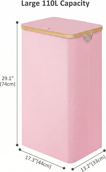 iEGrow Laundry Hamper with Lid, 110L Large Laundry Basket with Handle and Lid, Collapsible Clothes Basket Organizer with Removable Inner Bag for Clothes Towels,Pink