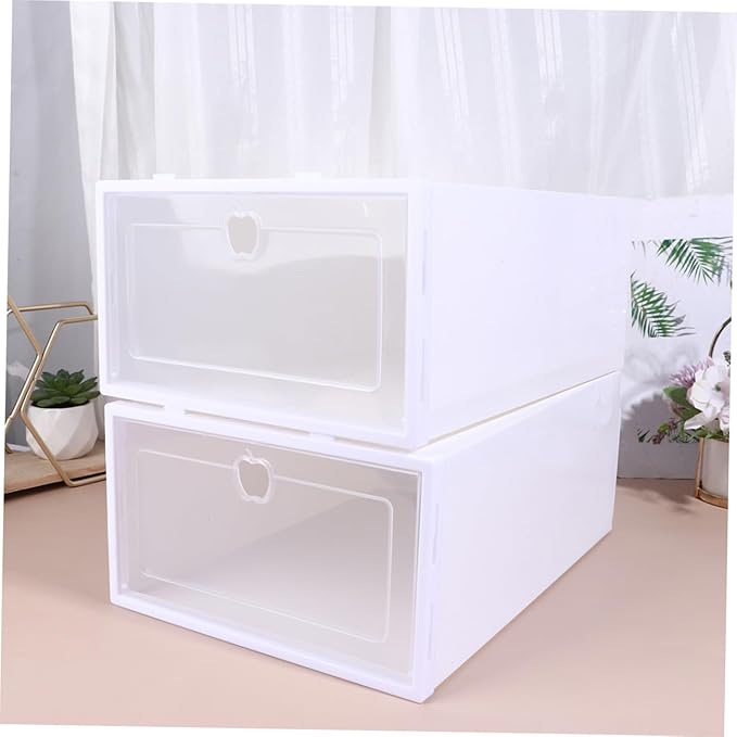 6pcs Stackable Transparent Shoe Storage Boxes with Drawer Design Thickened PP Plastic Organizer for Sneakers Heels Boots Protective Versatile White Frame Containers for Closet and