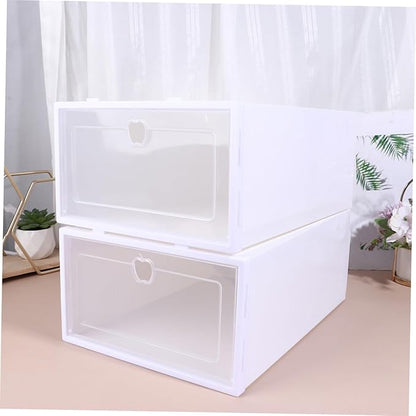 6pcs Stackable Transparent Shoe Storage Boxes with Drawer Design Thickened PP Plastic Organizer for Sneakers Heels Boots Protective Versatile White Frame Containers for Closet and