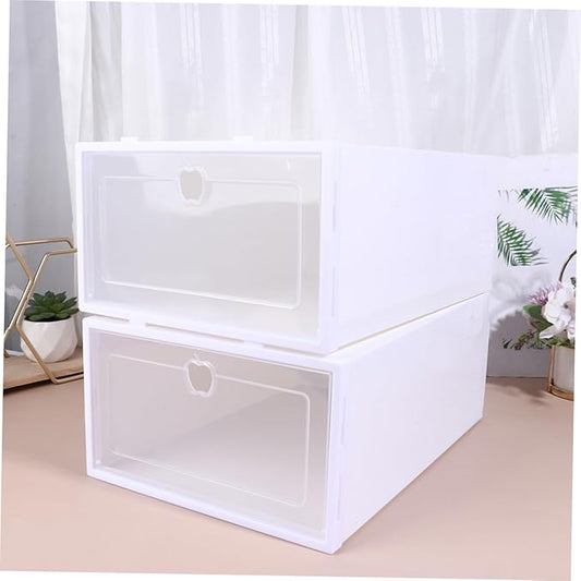 6pcs Stackable Transparent Shoe Storage Boxes with Drawer Design Thickened PP Plastic Organizer for Sneakers Heels Boots Protective Versatile White Frame Containers for Closet and