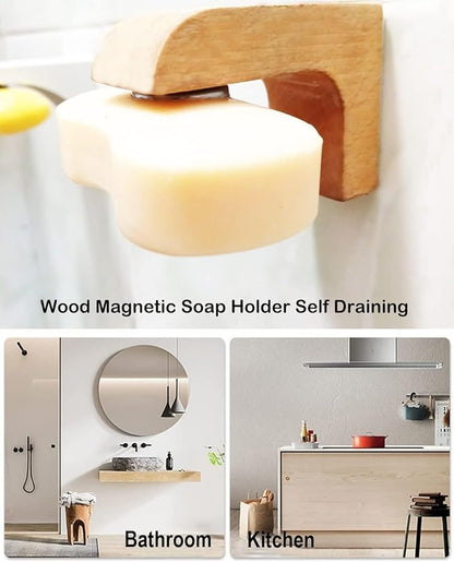 Magnetic Wooden soap Holder for Shower Wall, Storage for Soaps & Beard Shampoo Bars - Wooden soap Dish Dispenser Bathroom Kitchen & Shower