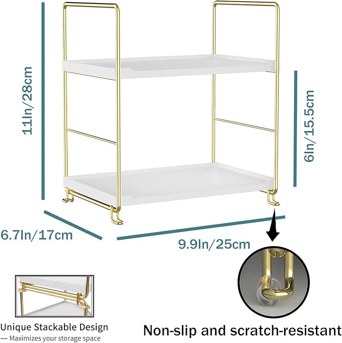 2-Tier Makeup Perfume Counter Organizer, Bathroom Countertop Shelf Vanity Bedroom Storage Tray,Kitchen Spice Rack Standing Shelf(Gold,White)