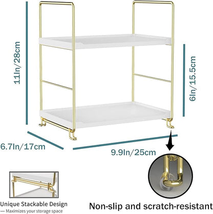 2-Tier Makeup Perfume Counter Organizer, Bathroom Countertop Shelf Vanity Bedroom Storage Tray,Kitchen Spice Rack Standing Shelf(Gold,White)
