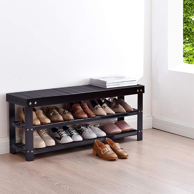 GOFLAME Shoe Bench Rack, 2-Tier Bamboo Seat Storage Shelf, Free Standing Shoe Storage Bench with Stylish and Modern Design, Shoe Organizer for Décor Entryway, Hallway, Living Room, Bathroom (Black)