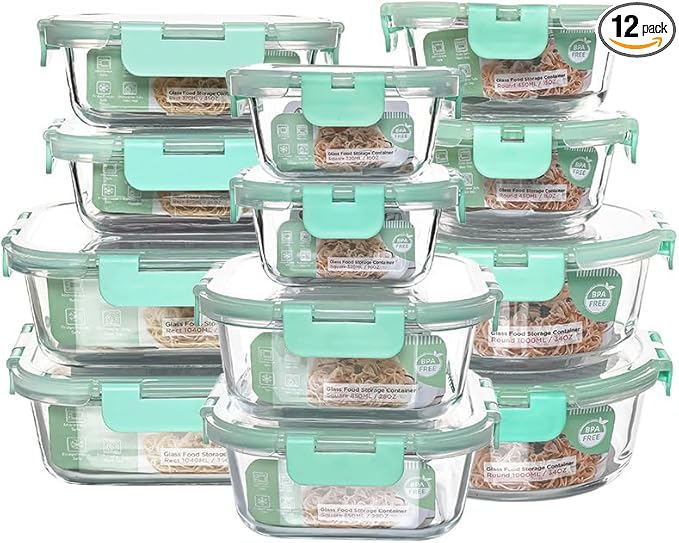 12 Pack Glass Storage Containers Transparent, Stackable Design Meal Prep Containers for Food Storage, Home, Kitchen & Pantry Organization, Microwave/Freezer/Dishwasher Safe