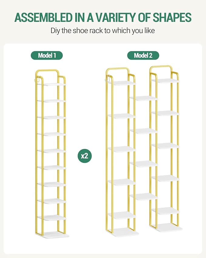 Hzuaneri 10 Tiers Vertical Shoe Rack, Narrow Shoe Tower, Tall Shoes Shelf with 2 Hooks, Adjustable Shelves, Corner Shoes Shelves for Small Spaces, Entryway, Living Room, White Gold SR11213A