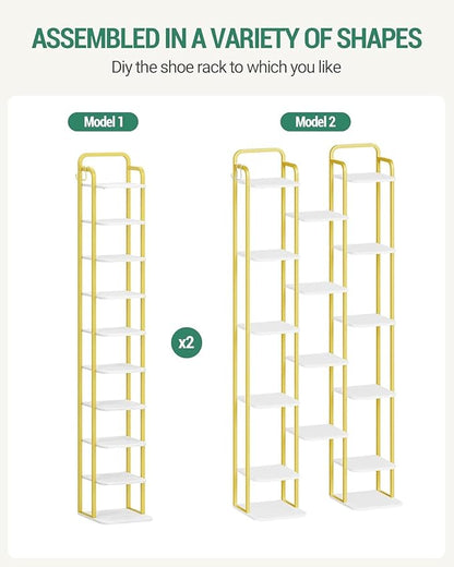 Hzuaneri 10 Tiers Vertical Shoe Rack, Narrow Shoe Tower, Tall Shoes Shelf with 2 Hooks, Adjustable Shelves, Corner Shoes Shelves for Small Spaces, Entryway, Living Room, White Gold SR11213A