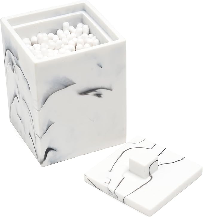 Qtip Holder with Lid, Bathroom Resin qtip holder dispenser , Cotton Swab Container jars, Cotton Ball Organizer for Floss Jewelry Necklace Ring Earring Storage jar Gift Case, Ink White