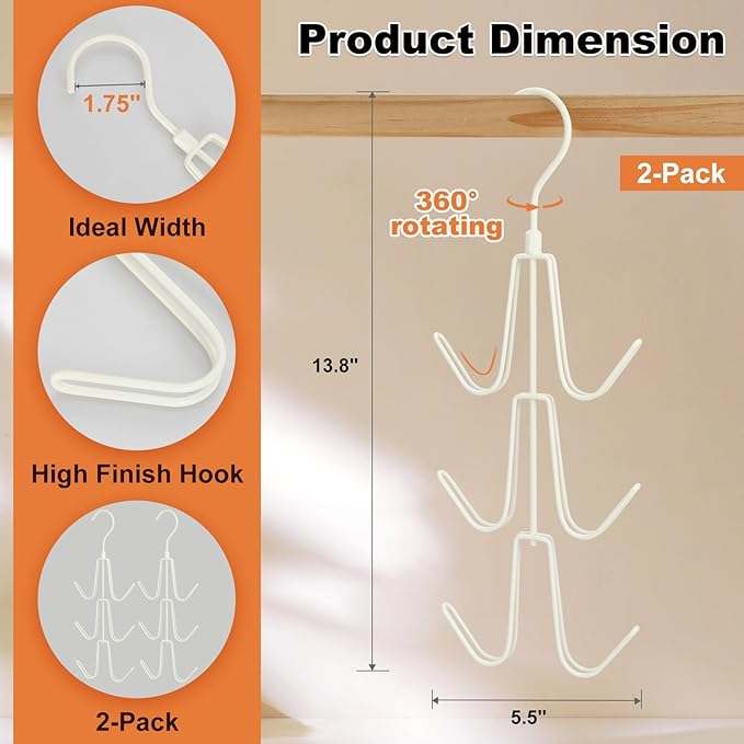TOPIA HANGER Purse Hanger Organizer for Closet, 2-Pack Handbag Organizer Hanger, 360°Swivel Metal Purse Hooks, Bag Rack, Belt Organizer, Tie Rack, Scarf Hanger, Bag Storage Organizer, Ivory White