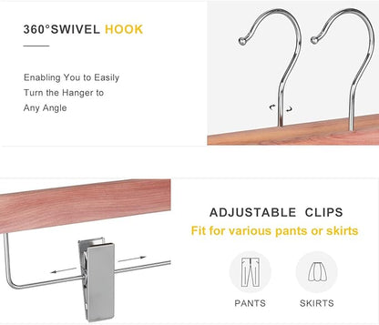 TOPIA HANGER 10 Pack American Red Cedar Natural Wooden Pants Skirt Slacks Bottoms Jeans Hangers with Metal Anti-Wrinkle Adjustable Clips, 360° Stronger Chrome Hooks, CT07P