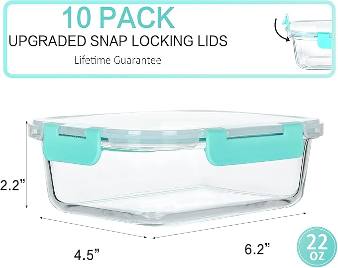 M MCIRCO 10-Pack 22 Oz Glass Meal Prep Containers with Lids - Microwave, Oven, Freezer & Dishwasher Safe - Green