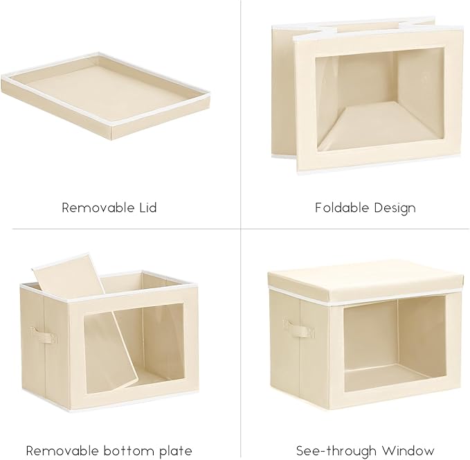 Homsorout Storage Bins with Lids - Small Fabric Organizers with Window, Collapsible Storage Bins for Clothes, Decorative Closet Organizers for Towels, Tshirt, 4 Pack, Beige