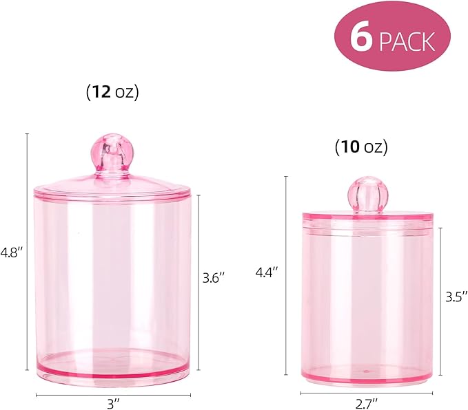Tbestmax 6 Pack Qtip Holder - 12 oz, 10 oz Bathroom Organizer and Storage Containers, Plastic Apothecary Jars with Lids for Cotton Ball, Cotton Swab, Floss, Pink