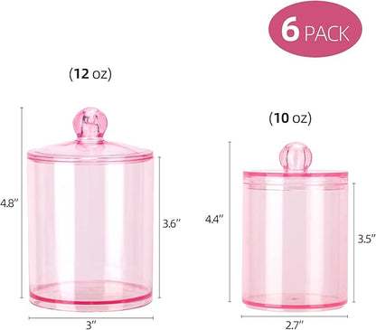 Tbestmax 6 Pack Qtip Holder - 12 oz, 10 oz Bathroom Organizer and Storage Containers, Plastic Apothecary Jars with Lids for Cotton Ball, Cotton Swab, Floss, Pink