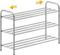 3-Tier Expandable Shoe Rack – Adjustable Heavy Duty Organizer Shelf | 100% Stainless Steel & 4-Rod Stretchable | Small Space Shoe Rack for Closet Entryway (15" to 27", Silver)