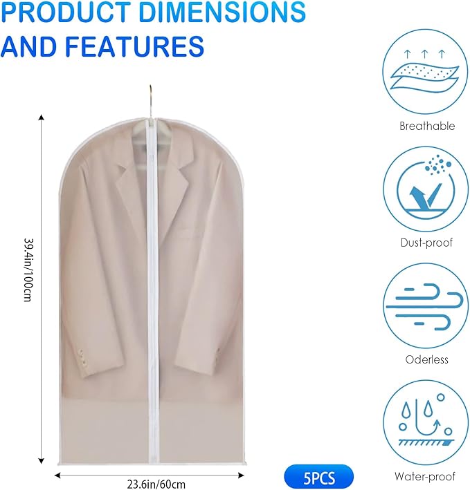 5-Pack Clear Garment Bags with Zipper for Hanging Clothes, Storage Bags for Coats, Jackets, Shirts, and More (23.6 x 39.4inches)