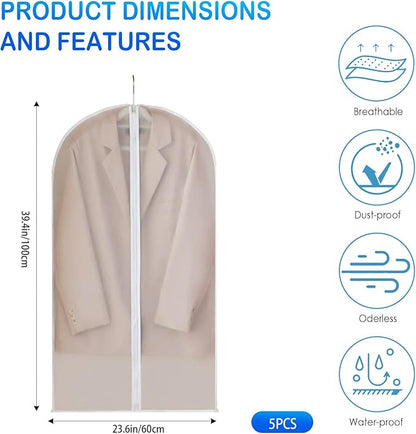 5-Pack Clear Garment Bags with Zipper for Hanging Clothes, Storage Bags for Coats, Jackets, Shirts, and More (23.6 x 39.4inches)