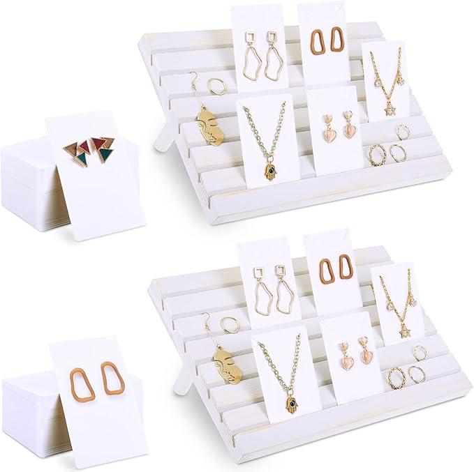 Marsui 62 Pcs Wood Earring Display Stand Earring Card Display 2 Sets of Holder with Cards Jewelry Stands for Selling