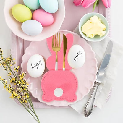 12 Pcs Easter Bunny Felt Cutlery Holder Bag Happy Easter Decorations for Rabbit Tableware Knife Fork Cover Bag Birthday Banquet Party Accessories