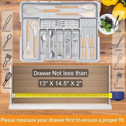 Silverware Organizer Expandable Utensil Drawer Organizer Adjustable Drawer Organizer, Flatware Cutlery Silverware Tray for Spoons Forks Knives Kitchen Organizers Storage (Gray Plus)